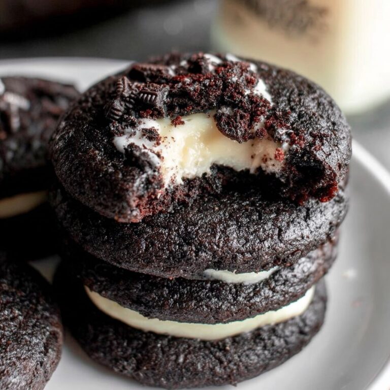Black velvet cheesecake cookies on a black slate board, jet black cocoa cookies with white cream cheese centers oozing slightly, dramatic moody lighting, perfect for Halloween