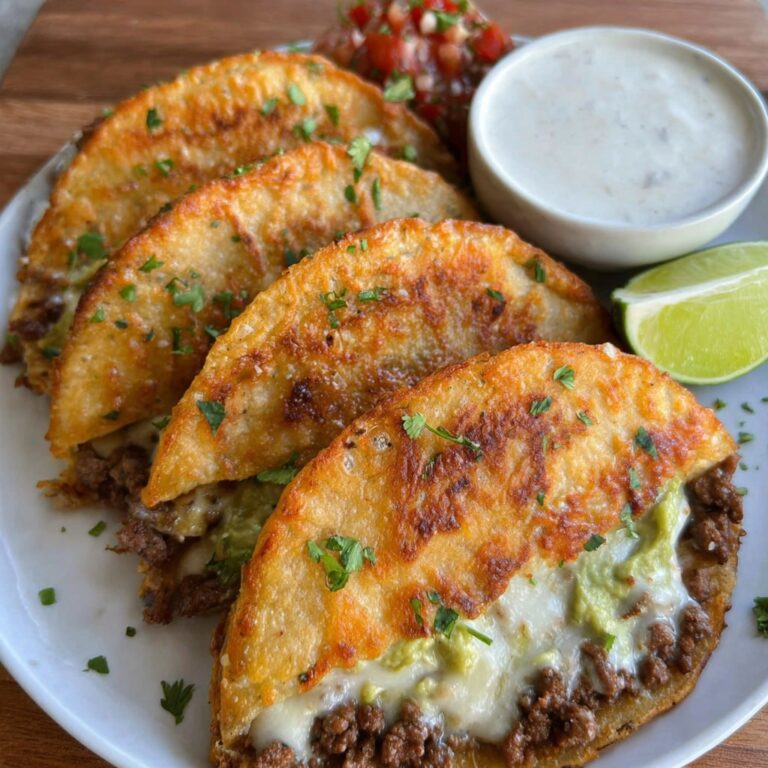 Crispy ground beef tacos lined up on a wooden board, golden crunchy taco shells filled with seasoned ground beef, shredded lettuce, diced tomato, cheddar cheese, dollop of sour cream, lime wedges and pickled jalapeños on the side