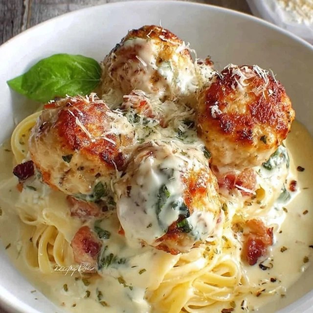 Close-up of meatball pasta showing tender chicken meatball cut open, twirled pasta, creamy garlic-parmesan sauce coating everything, basil leaves
