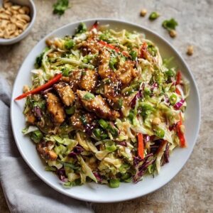 Asian chicken salad in a large white bowl, shredded purple and green cabbage, diced chicken, mandarin orange segments, sliced almonds, chow mein noodles, green onions, sesame ginger dressing drizzled on top