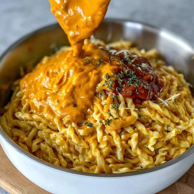 Creamy macaroni and cheese in a wide pan, glossy orange cheese sauce coating elbow pasta, pulled cheese strands when spoon lifts, cracked black pepper and fresh chives on top