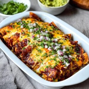 Cheese enchiladas in a casserole dish, rolled corn tortillas covered in deep red enchilada sauce and melted cheese, fresh cilantro, diced red onion on top, sour cream dollops, lime wedges, served in a Mexican ceramic dish