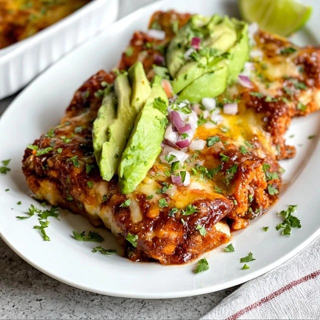 Close-up of one enchilada being lifted with a spatula showing cheese pull, soft tortilla, melted cheese inside, glossy red sauce coating