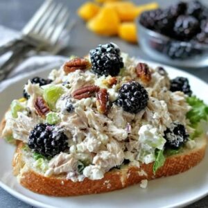 Chicken salad sandwich on toasted croissant, creamy chunky chicken salad with halved red grapes, celery and herbs spilling out, lettuce leaf, served with chips on the side