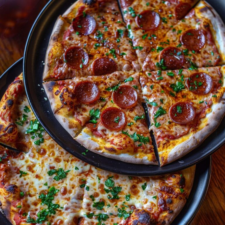 Cheese and pepperoni pizza overhead, golden crust, melted mozzarella, crispy cupped pepperoni with charred edges and grease pools, dish fills the frame, vibrant colors