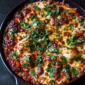 Bubble up pizza bake overhead in a casserole dish, golden biscuit pieces poking through bubbly melted cheese, pepperoni, glossy marinara, fresh herbs scattered, dish fills the frame
