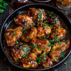 Honey butter chicken overhead, golden crispy chicken pieces coated in glossy sticky honey butter glaze, sesame seeds and fresh chopped parsley scattered, dish fills the frame, warm golden tones