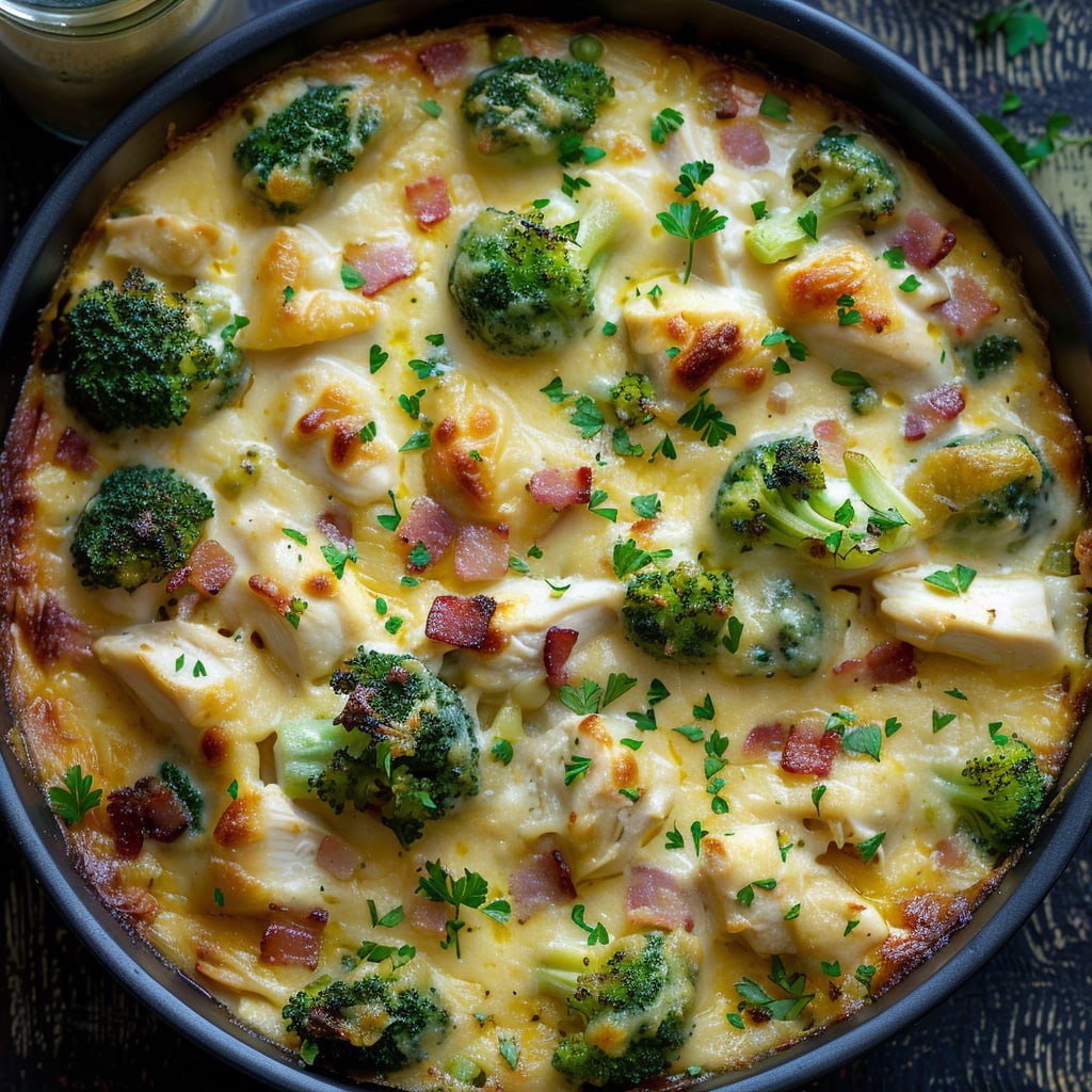 Close-up scoop of chicken broccoli casserole showing creamy cheese pull, chicken chunks, broccoli florets, rice, golden top