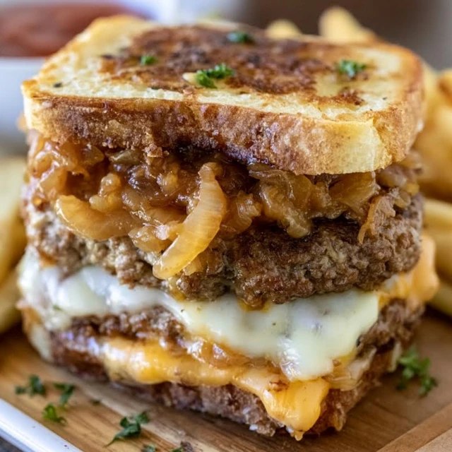 Close-up of the burger showing glossy caramelized onions and gooey melted gruyere dripping over the patty