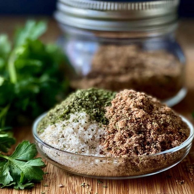 Close-up of the all-purpose seasoning blend showing the texture of mixed dried herbs, garlic, paprika and salt