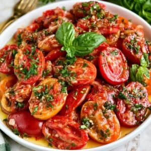 Tomato basil salad on a platter, juicy ripe tomato wedges and cherry tomatoes with fresh mozzarella, torn basil leaves, drizzled with balsamic glaze and olive oil
