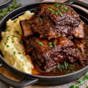 Braised short ribs over creamy mashed potatoes, deeply browned fall-apart beef in a glossy red wine gravy, garnished with thyme, on a rustic plate