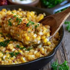 Creamed corn casserole in a baking dish, golden custardy corn pudding with a lightly browned top, a scoop taken out showing the soft moist interior studded with corn kernels