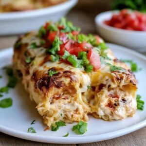 Cheesy chicken enchiladas in a baking dish, rolled tortillas smothered in red enchilada sauce and melted cheese, topped with cilantro, jalapeño and a dollop of sour cream