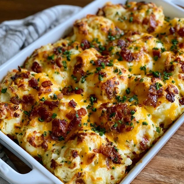 Close-up of loaded mashed potato casserole showing bubbly melted cheese, crumbled bacon and sliced green onion on top