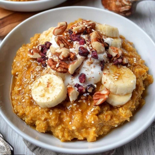 Pumpkin oatmeal bowl in a ceramic bowl, creamy orange oats topped with toasted pecans, drizzle of maple syrup, cinnamon dust, dollop of Greek yogurt, fresh pomegranate seeds, warm autumn light