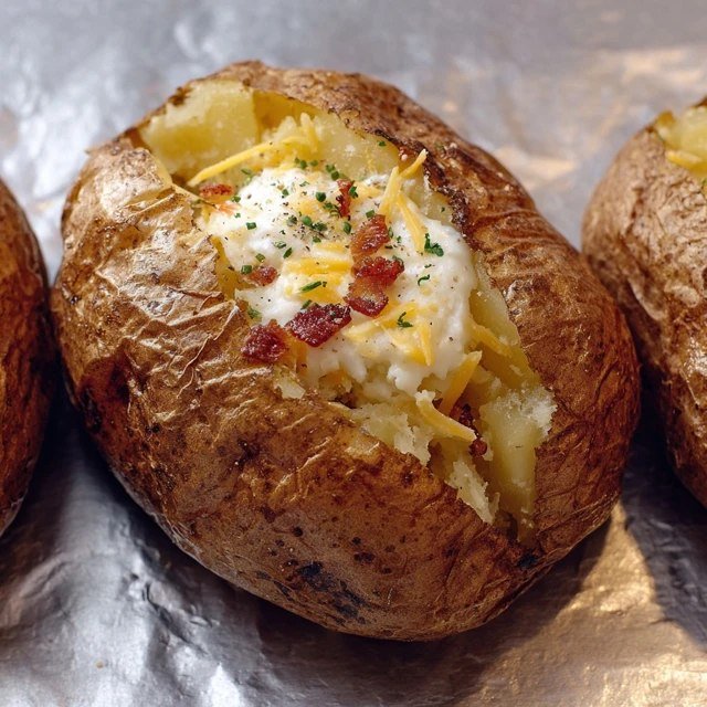 Loaded baked potato split open on a white plate, fluffy white potato interior topped with melted cheddar cheese, crispy crumbled bacon, sour cream dollop, sliced green chives, pat of butter melting, crispy salted skin