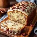Best butter pecan cake loaf with brown butter glaze and whole pecan topping