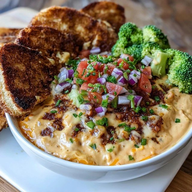 Cheesy bacon dip in a cast iron skillet with golden bubbly cheese top, crispy bacon bits visible, fresh chives sprinkled on top, baguette slices toasted golden brown on the side