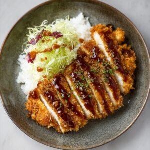 Perfect golden chicken katsu cutlet with a thick shatteringly crispy panko crust on a serving platter
