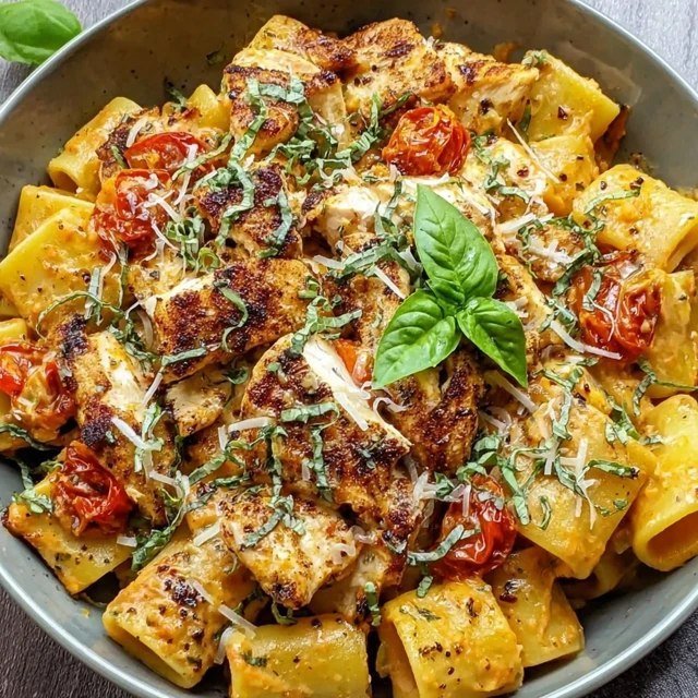 Chicken rigatoni pasta in a deep skillet, golden seared chicken pieces, ribbed rigatoni coated in creamy orange-tinted sauce, sun-dried tomatoes, wilted spinach, parmesan grated on top, basil garnish