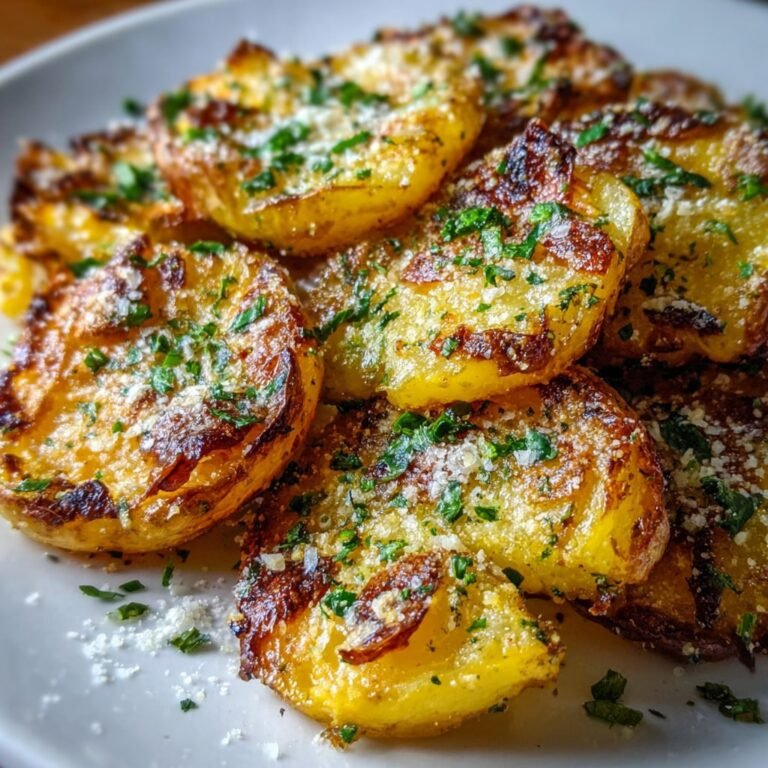 Crispy garlic parmesan smashed potatoes on a sheet pan with golden crust, melted parmesan, and fresh parsley