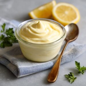 Vibrant homemade mayo in a bowl surrounded by colorful dipping vegetables and chips
