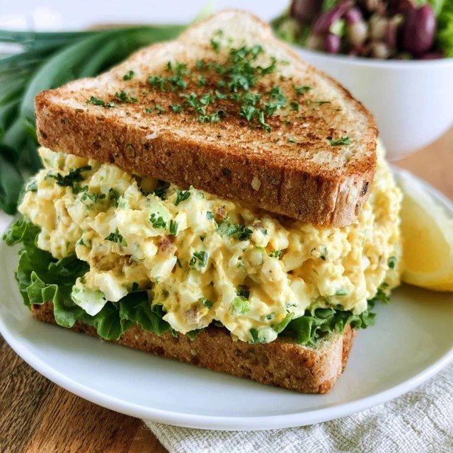 Egg salad sandwich on soft white bread cut in half, creamy chopped egg salad with chives spilling out, lettuce leaf, served with chips and a pickle