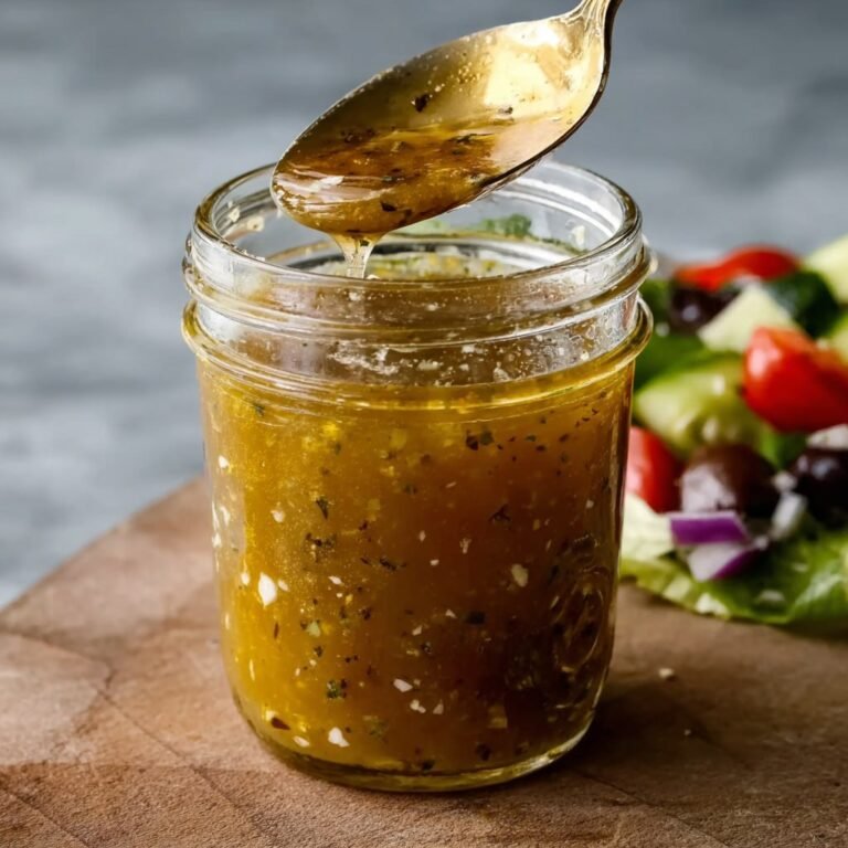 Best Greek salad dressing recipe in a small pitcher ready to pour