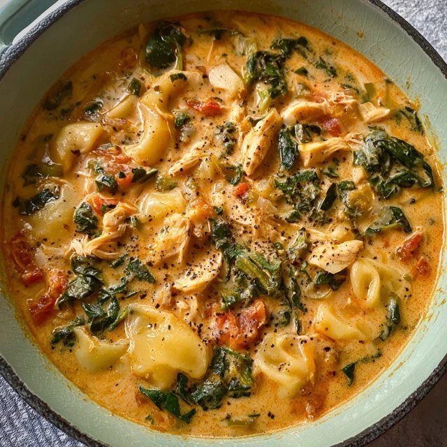 Creamy chicken tortellini soup in a white bowl, golden cream-colored broth filled with plump cheese tortellini, shredded chicken pieces, wilted green spinach leaves, diced carrots, parmesan sprinkled on top, crusty bread on the side