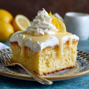 Bold lemon tres leches cake dripping with citrus milk soak and piled high with fluffy whipped cream