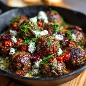 Mediterranean meatballs with feta in a skillet of rich tomato sauce, topped with crumbled feta and fresh herbs, served with warm pita and lemon wedges