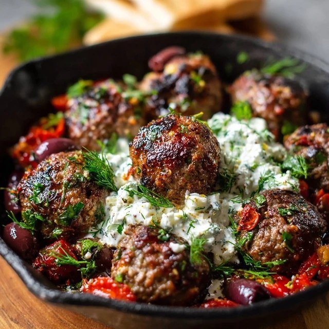Close-up of a juicy Mediterranean meatball cut open showing herbs and spices, sitting in tomato sauce with melting feta