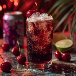 Dark cherry Malibu dirty soda recipe with coconut rum in a tall glass