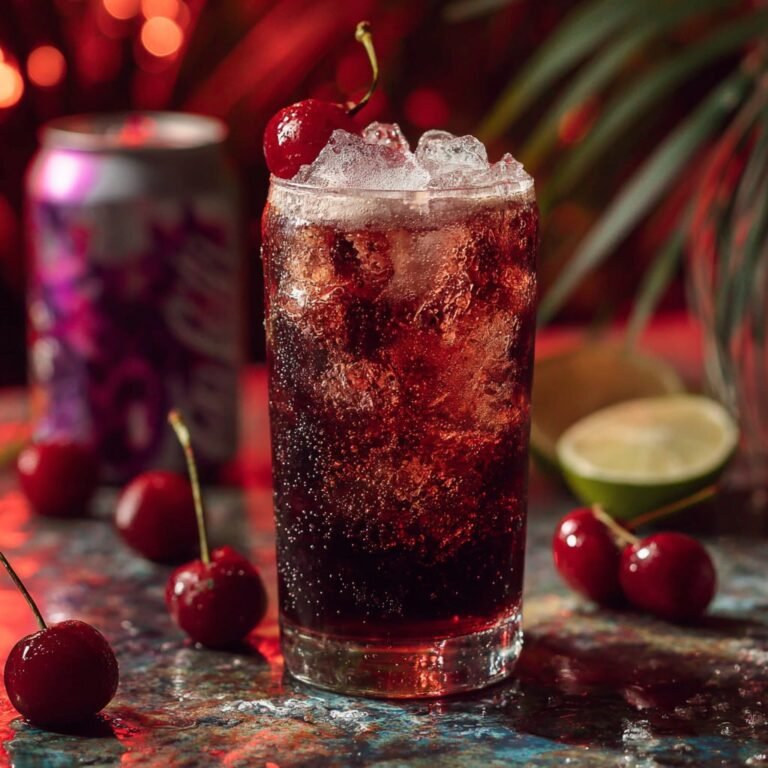 Dark cherry Malibu dirty soda recipe with coconut rum in a tall glass