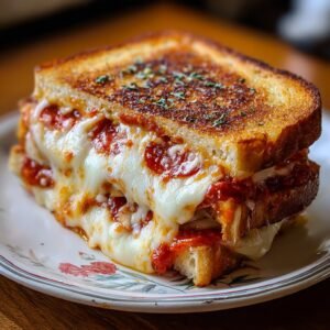 Best pizza grilled cheese recipe cut in half showing layers of cheese and pepperoni